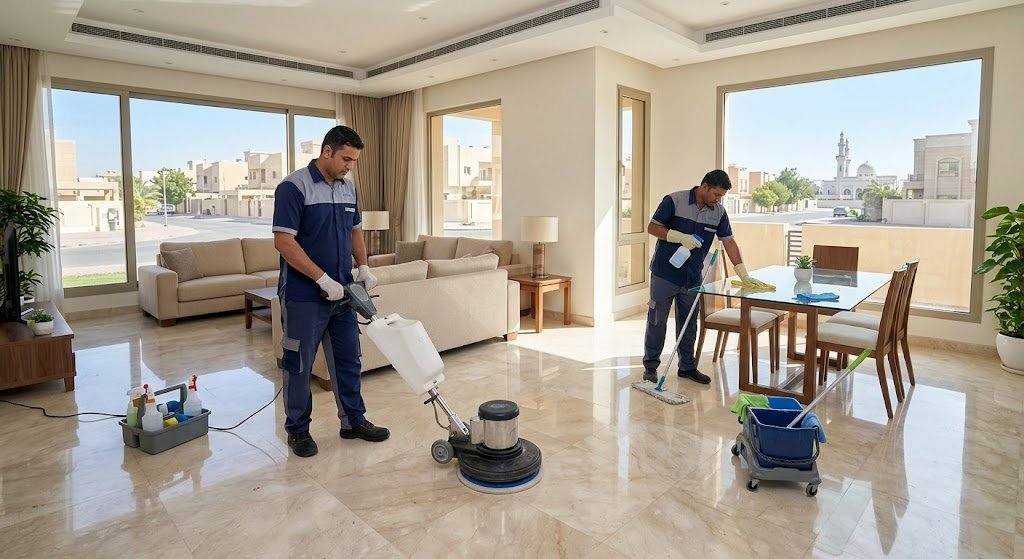 فريق عمل محترف يقوم بأعمال تنظيف وتعقيم المنازل بدقة وأمان باستخدام أحدث المعدات والمواد الفعالة ضمن خدمات تنظيف منازل بحي مشرفة لضمان بيئة صحية ونظيفة وراحة العملاء.