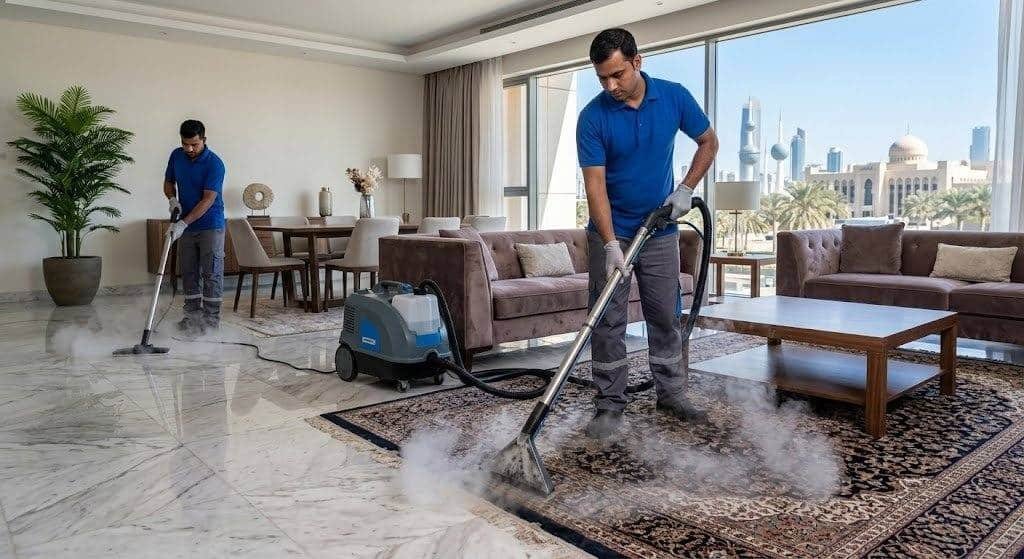 فريق عمل محترف يقوم بتنظيف وتلميع أرضيات وأثاث المنزل بدقة وإتقان باستخدام أحدث المعدات ضمن خدمات تنظيف منازل حي الربوة لضمان بيئة نظيفة وصحية وراحة العملاء.